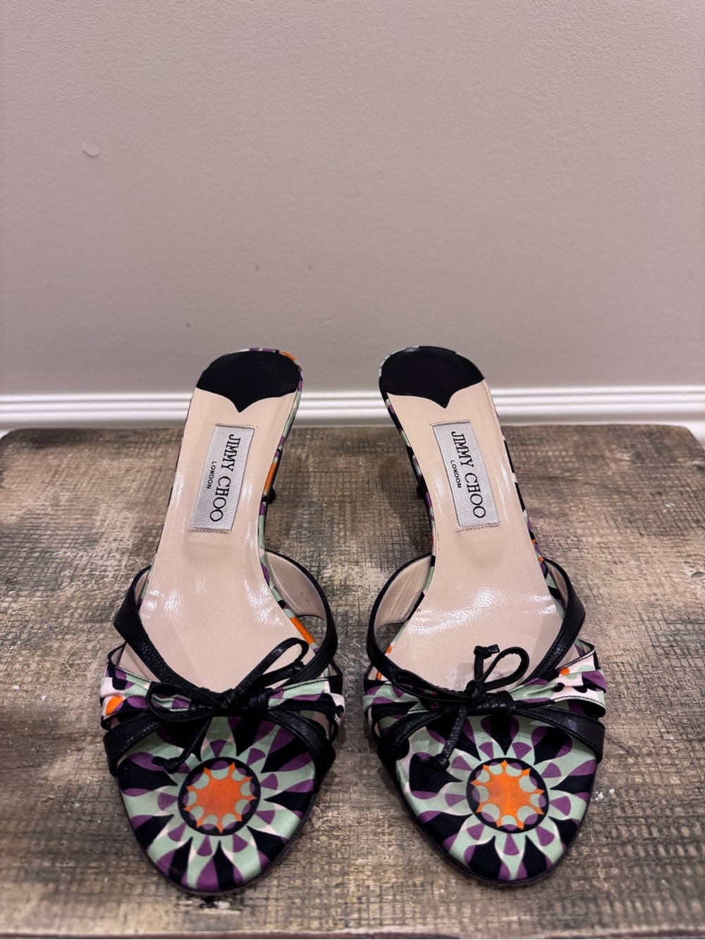 Jimmy Choo Black Slides with Purple & Orange Geometric Print